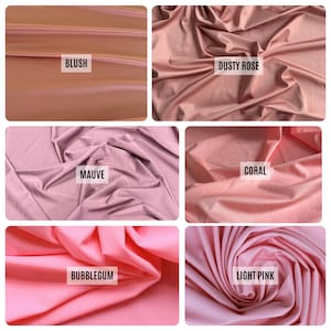 May include: A collection of fabric swatches in various shades of pink and mauve. The swatches are labeled "Blush", "Dusty Rose", "Mauve", "Coral", "Bubblegum", and "Light Pink". The fabric appears to be soft and flowing, with visible folds and textures.