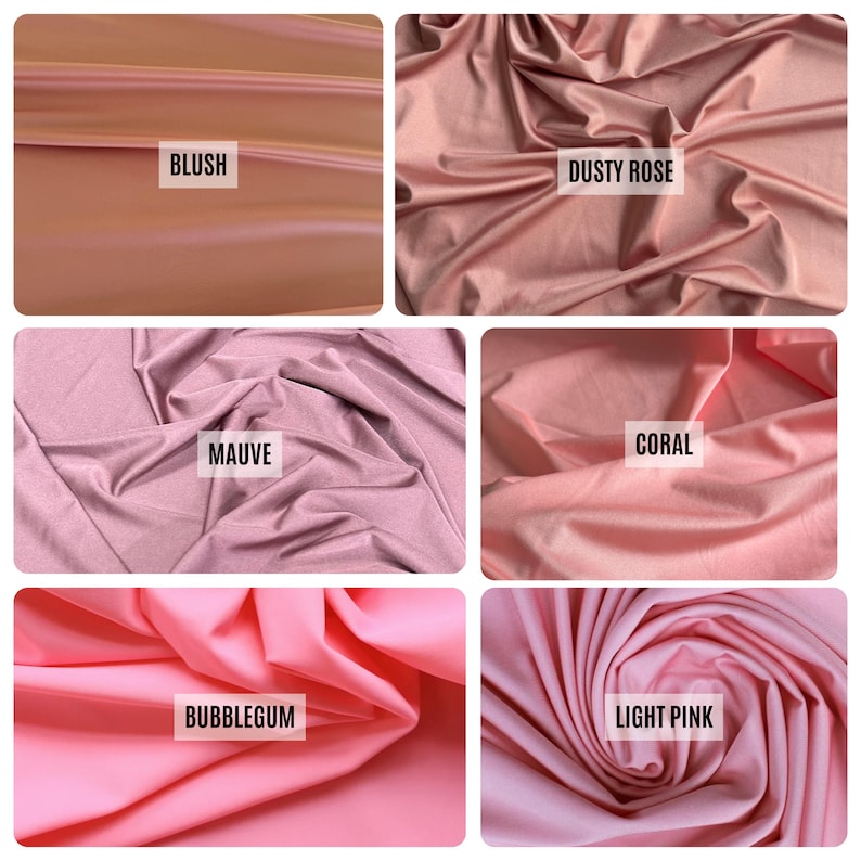 May include: A collection of fabric swatches in various shades of pink and mauve. The swatches are labeled "Blush", "Dusty Rose", "Mauve", "Coral", "Bubblegum", and "Light Pink". The fabric appears to be soft and flowing, with visible folds and textures.