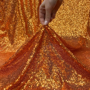 Iridescent Sequins on Mesh, Orange Sequin Fabric by the Yard, Orange Sequins on Stretch Mesh, Orange Shinny Sequin Fabric for Fashion, Decor