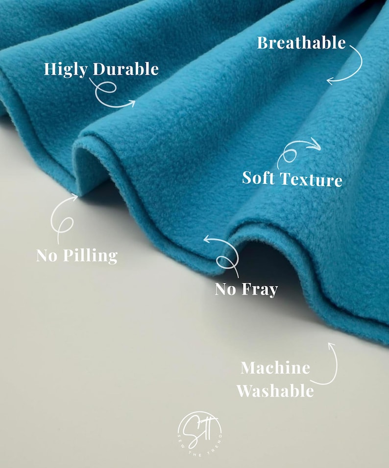May include: A bright turquoise fleece fabric with white text labels pointing to features: Higly Durable, Breathable, Soft Texture, No Pilling, No Fray, and Machine Washable. A circular logo with the letters ST is visible at the bottom center.