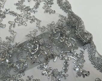 Metallic Silver Floral Lace by the Yard Embroidered Silver Lace Fabric with Sequins,  Silver Embroidery with Sequins on Mesh Lace
