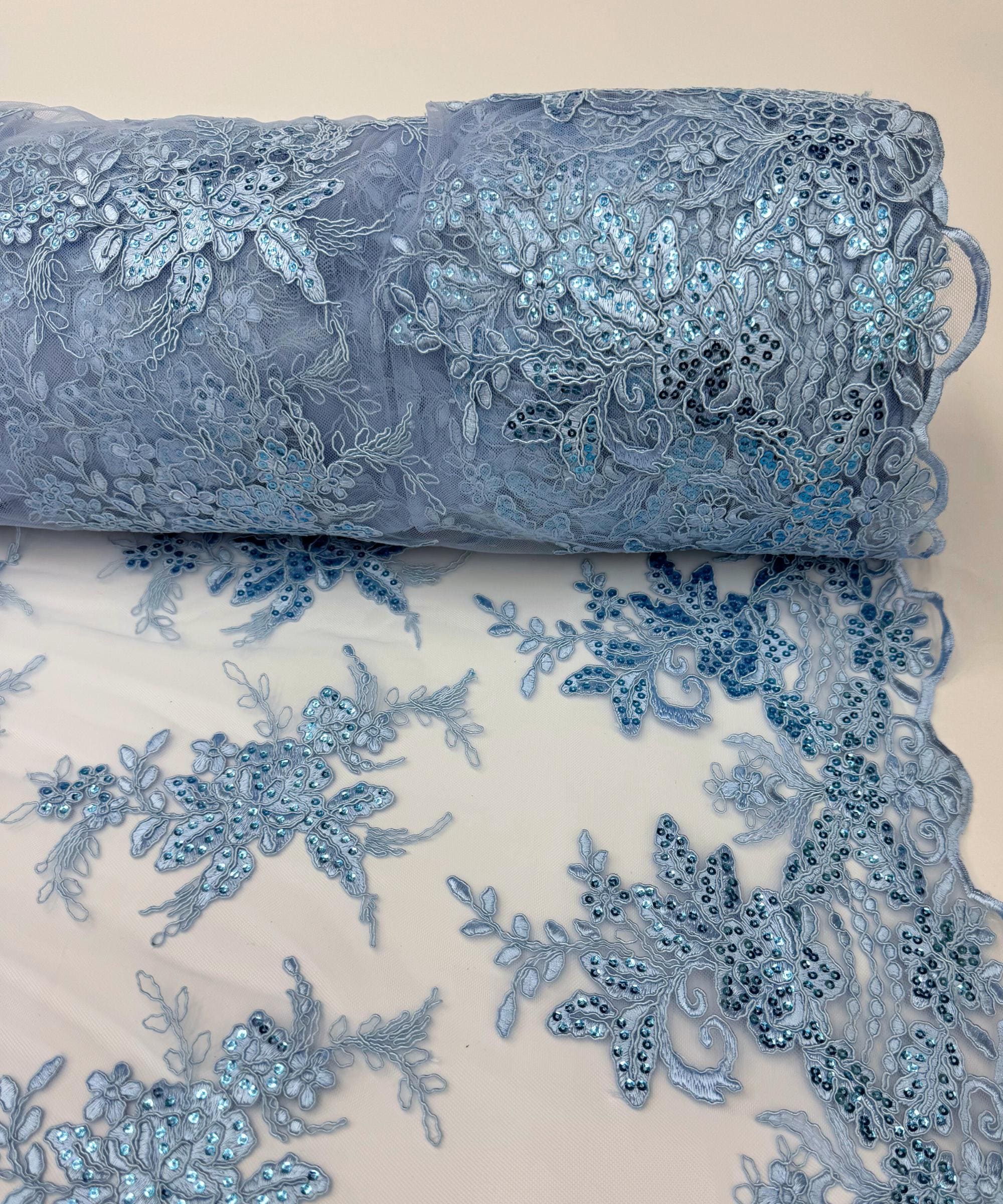 Baby Blue Floral Lace by the Yard, Embroidered Light Blue Lace Fabric ...