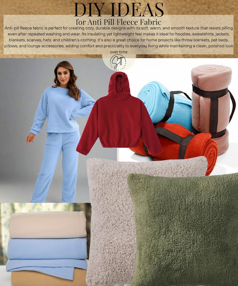 May include: A collage featuring anti-pill fleece fabric items: a light blue sweatshirt and pants set, a dark red hooded sweatshirt, rolled fleece blankets in blue, pink, and orange with black straps, and two square pillows in beige and olive green.