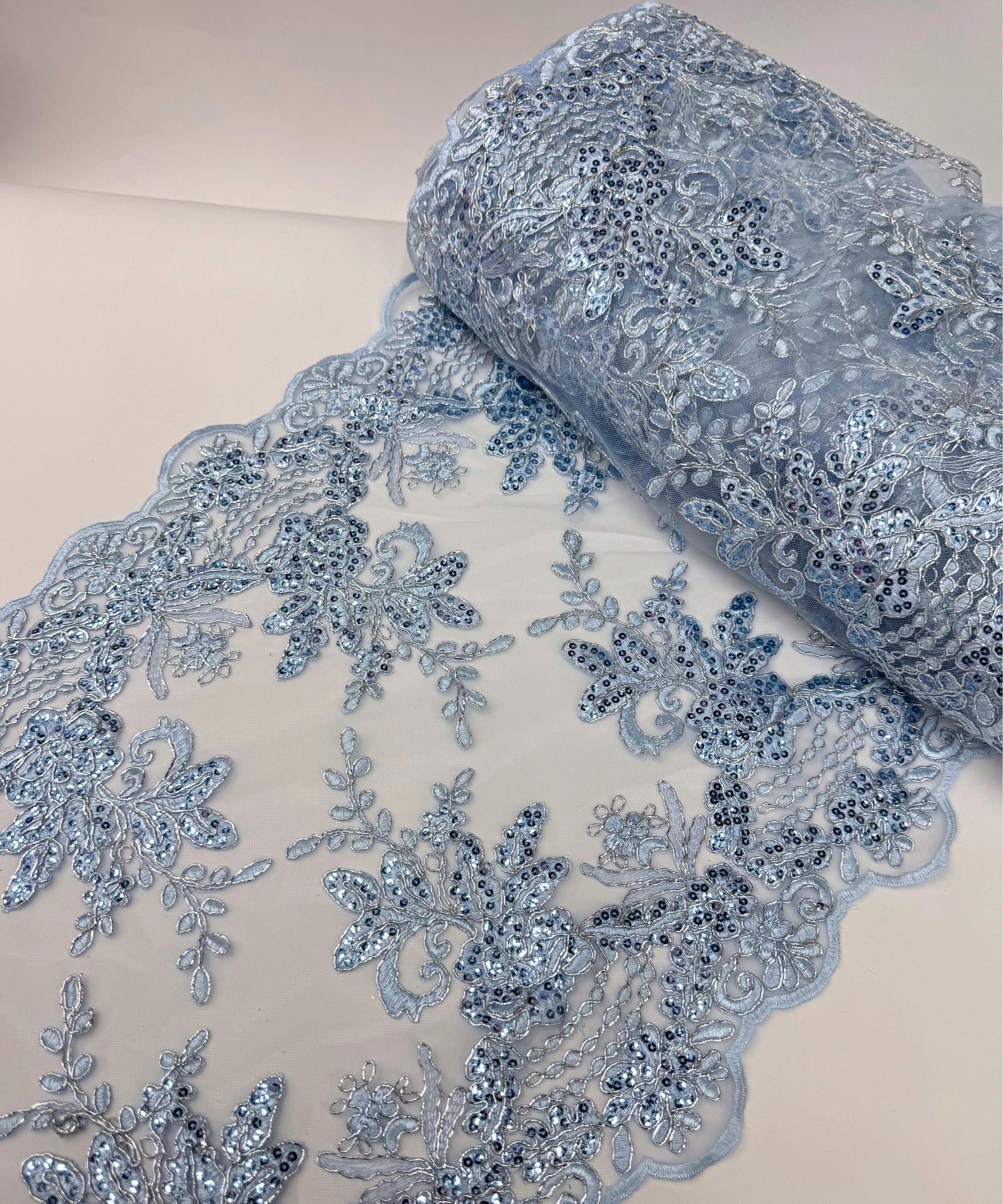 Baby Blue Floral Lace Fabric for Table Runner, Sequins Embroidered Lace ...