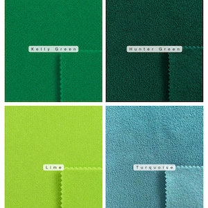 May include: A grid of four fabric swatches with a soft, textured surface. The colors are labeled as Kelly Green, Hunter Green, Lime, and Turquoise. Each swatch shows a solid, consistent color with a slightly fuzzy, fleece-like appearance.