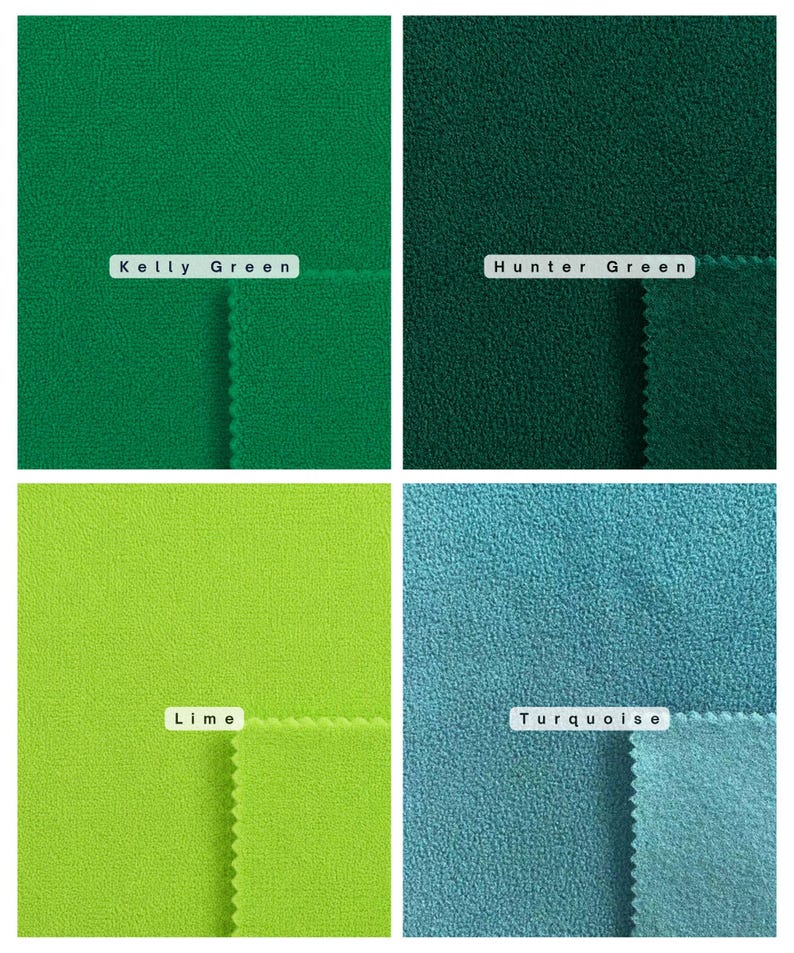 May include: A grid of four fabric swatches with a soft, textured surface. The colors are labeled as Kelly Green, Hunter Green, Lime, and Turquoise. Each swatch shows a solid, consistent color with a slightly fuzzy, fleece-like appearance.