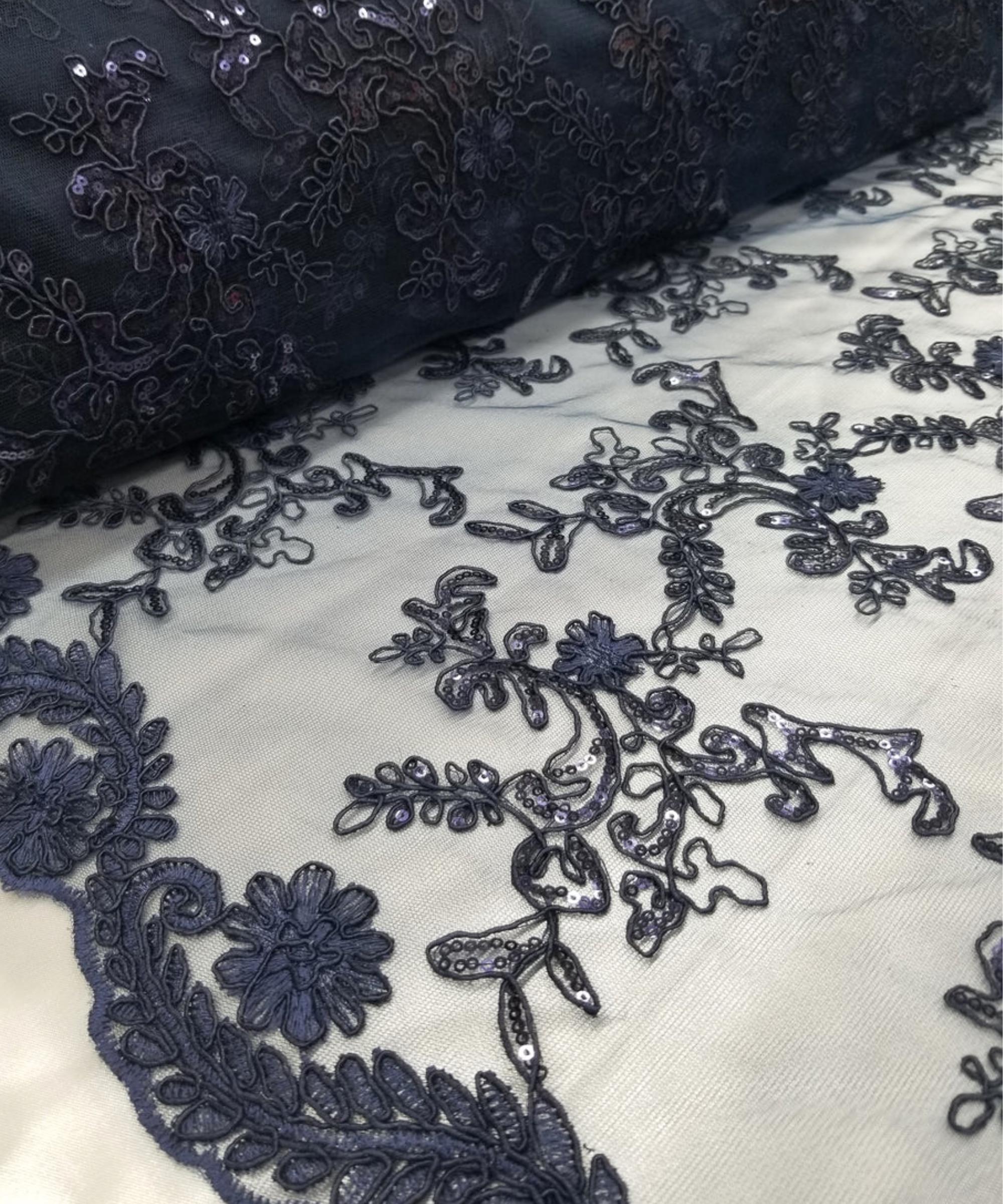 Floral Navy Blue Lace Fabric by the Yard Sequined Embroidered on Navy ...