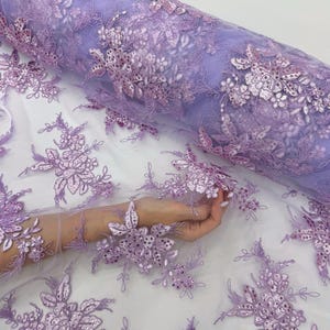 Lilac Floral Lace by the Yard, Lilac Embroidered Lace Fabric with Sequins, Floral Tulle Lavender Lace Fabric for Tablecloth Dress Costumes