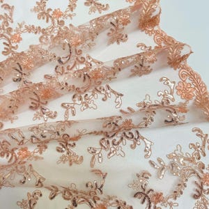 Luxury Beaded Design - Coral - Sold By Yard Floral Fabric Embroidered w/ Pearls-Beads on Mesh Lace main image 1