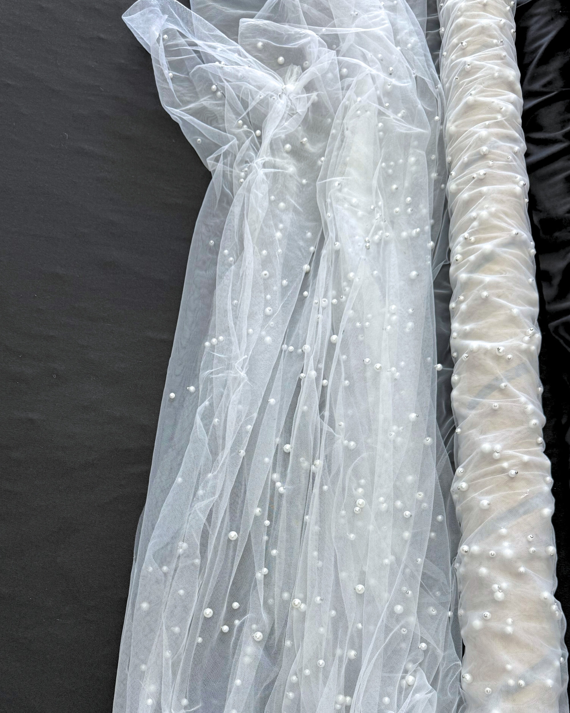 White Pearl Tulle Fabric, Scattered Pearls Studded Mesh, Champagne ...