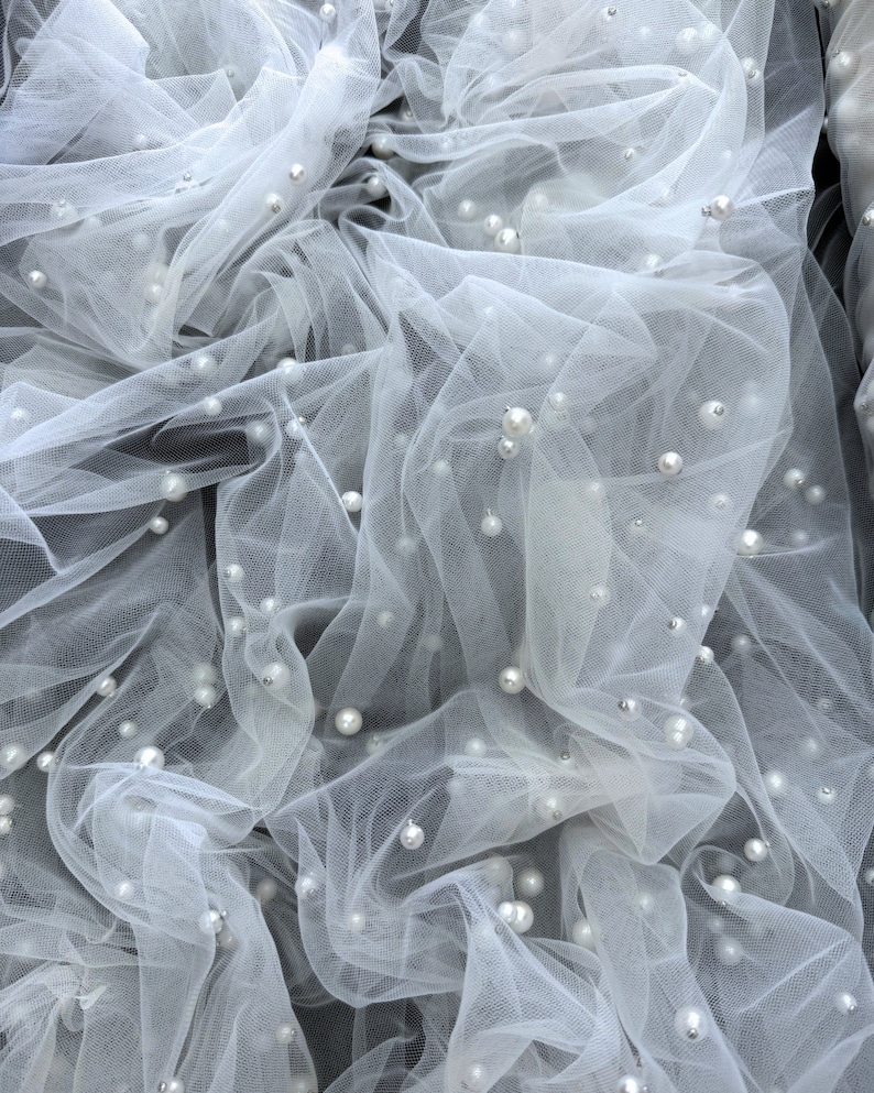 White Pearl Tulle Fabric, Scattered Pearls Studded Mesh, White Tulle ...