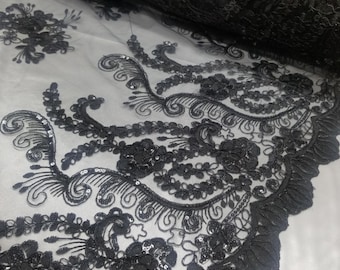 Black Floral Lace by the Yard, Black Embroidery on Lace Fabric with Sequins, Embroidered Black Lace with Sequins on Mesh Fabric by Yard