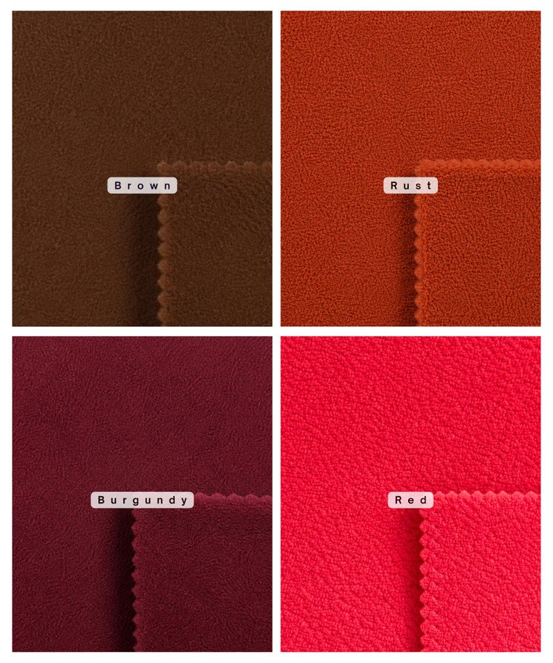 May include: A grid of four fabric swatches featuring a soft, textured fleece material. The colors are labeled as Brown, Rust, Burgundy, and Red. Each section displays a folded edge with a scalloped trim, showcasing the consistent pile texture.
