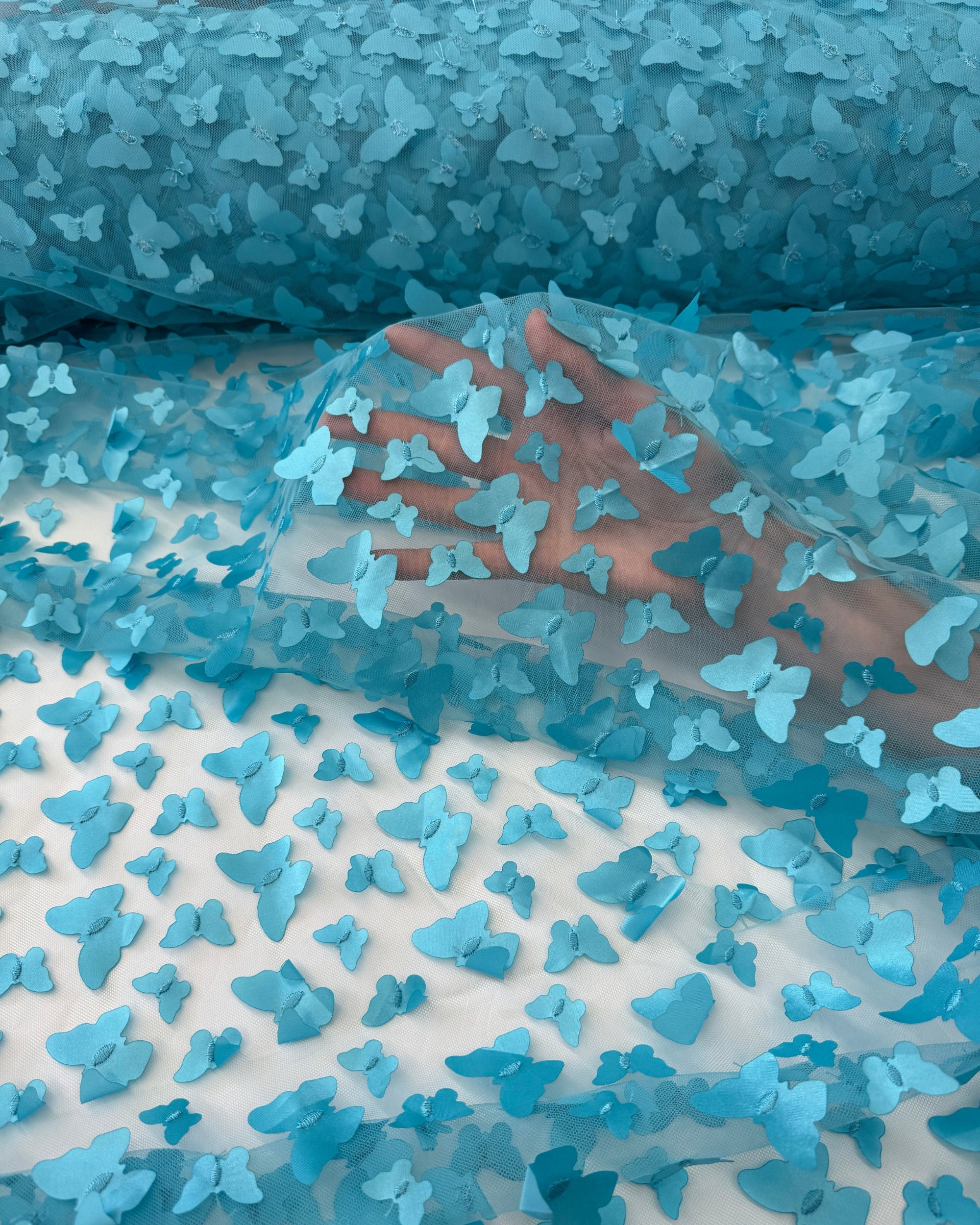 Turquoise 3D Butterfly Lace Fabric Embroidery on Tulle, Butterfly Tulle ...