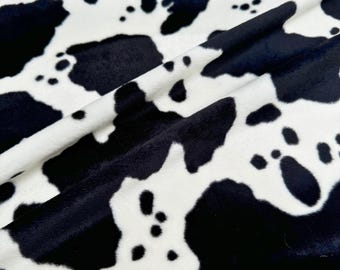 Black and White Velboa Faux Fur Cow Animal Print Fabric by the Yard, Cow Print Fur Fabric for Upholstery, Pillow Covers, Costumes, Toys