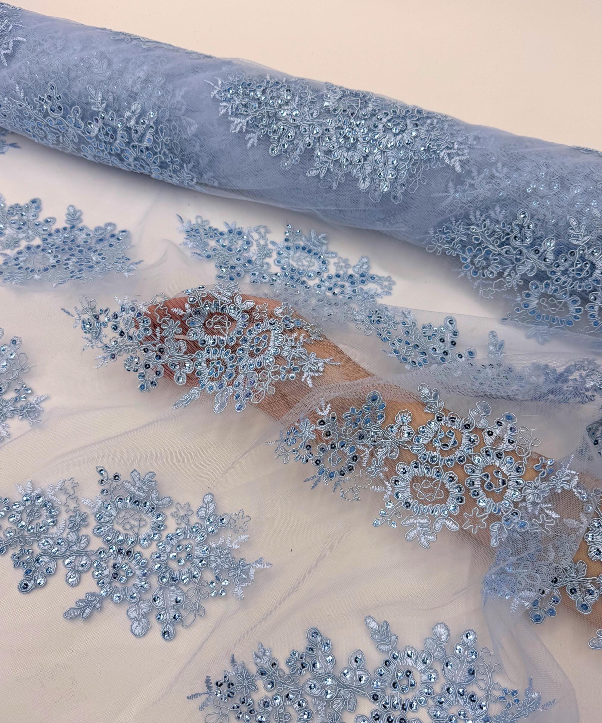 Baby Blue Floral Lace by the Yard, Embroidered Light Blue Lace Fabric with Sequins, Blue Lace Embroidery with Sequins on Mesh Lace Fabric