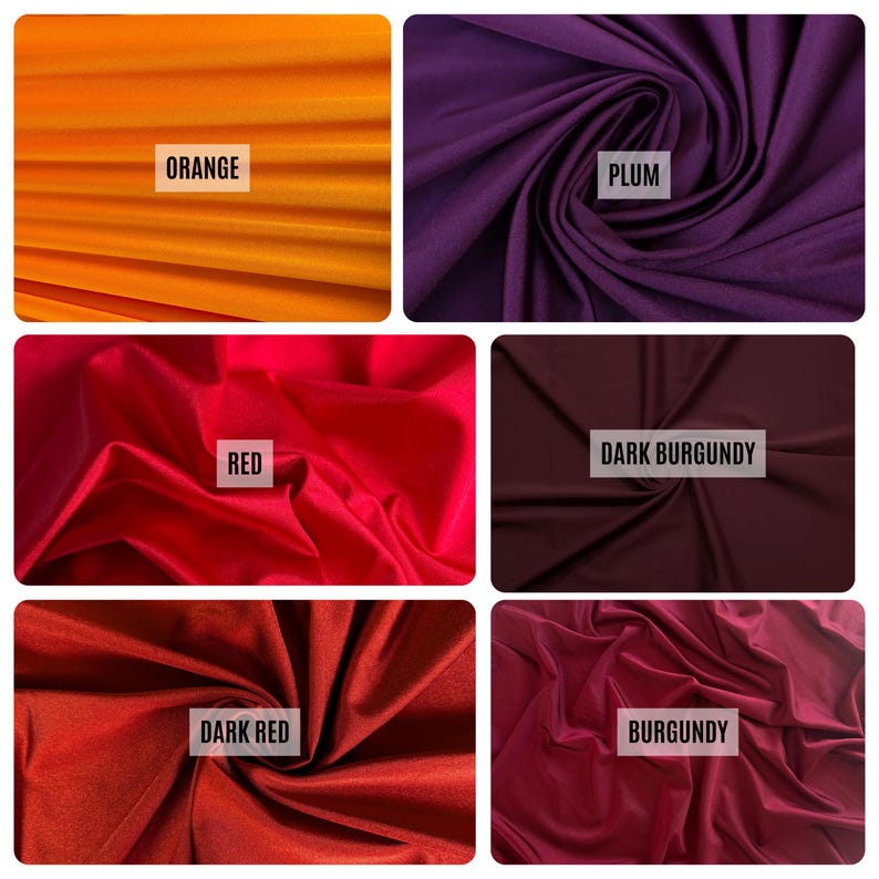 May include: A collection of fabric swatches in various colors, including orange, plum, red, dark burgundy, dark red, and burgundy. Each swatch has a label with its color name. The fabrics appear to be soft and draped.
