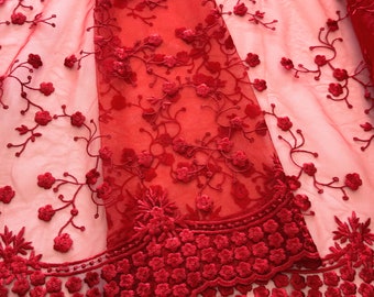 Red Embroidered Floral Lace Fabric, Floral Embroidery on Mesh Red Lace Fabric by the Yard, Scalloped Bridal Lace for Wedding Dress, Veil