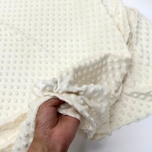 May include: White plush fabric with a textured dot pattern. The fabric is soft and fluffy, and it would be perfect for making blankets, pillows, or other home decor items.