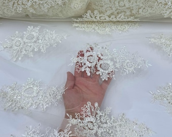 Embroidered Floral Lace fabric by the Yard, Floral Ivory Lace with Sequins, Floral Tulle Ivory Lace for Bridal Gown Wedding Dress Veil