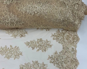 Champagne Floral Lace by the Yard, Embroidered Champagne Lace Fabric with Sequins Corded Flowers on Mesh for Gowns Veils Appliqués | Aurelia