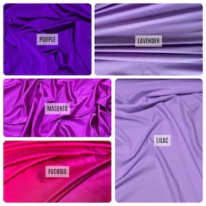 May include: A collage of five fabric swatches in shades of purple and pink. The colors are labeled: Purple, Lavender, Magenta, Fuchsia, and Lilac. The fabric appears to be a smooth, flowing material, with visible folds and shadows.