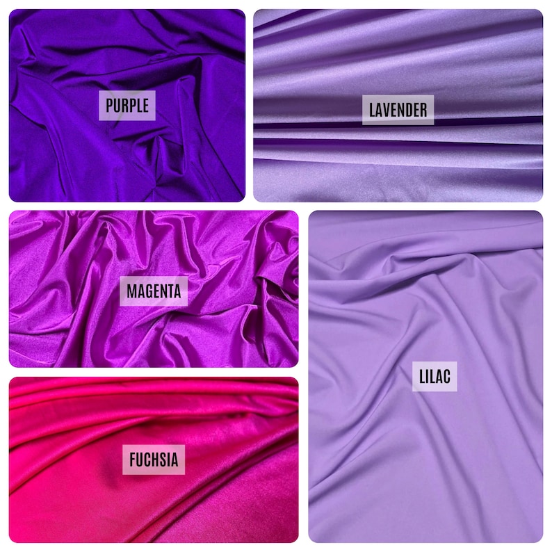 May include: A collage of five fabric swatches in shades of purple and pink. The colors are labeled: Purple, Lavender, Magenta, Fuchsia, and Lilac. The fabric appears to be a smooth, flowing material, with visible folds and shadows.