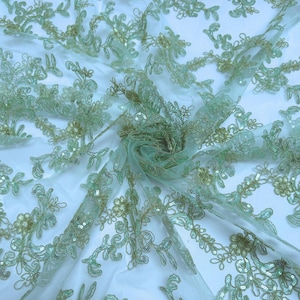 Sage Floral Lace by the Yard, Embroidered Sage Green Lace Fabric with Sequins, Floral Bridal Corded Sage Lace Fabric for Wedding Gowns