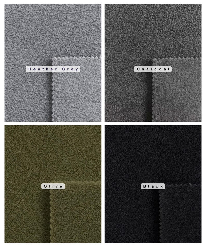 May include: A grid of four fabric swatches with a textured fleece surface. The colors are labeled as Heather Grey, Charcoal, Olive, and Black. Each swatch features a pinked edge, showcasing the soft, fuzzy material in four distinct neutral tones.