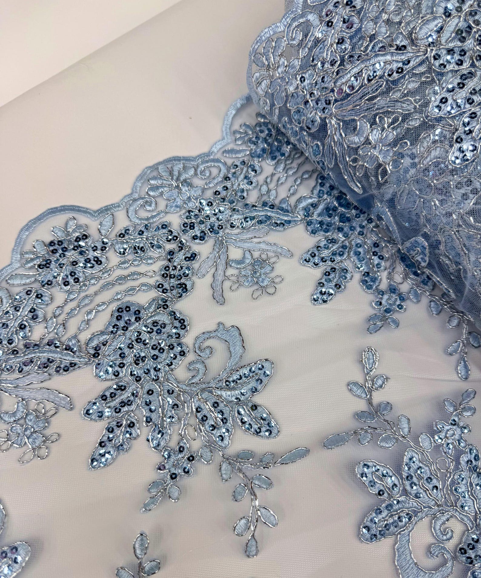 Baby Blue Floral Lace Fabric for Table Runner, Sequins Embroidered Lace ...