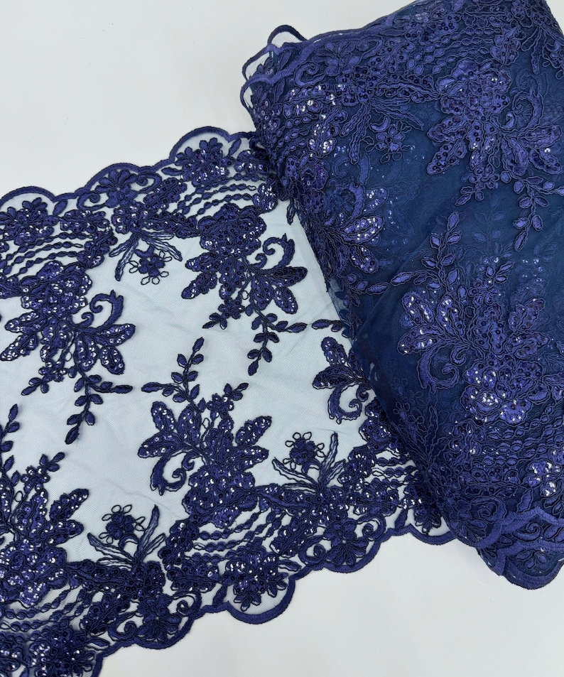 Navy Blue Floral Lace Fabric for Table Runner, Sequins Embroidered Lace ...