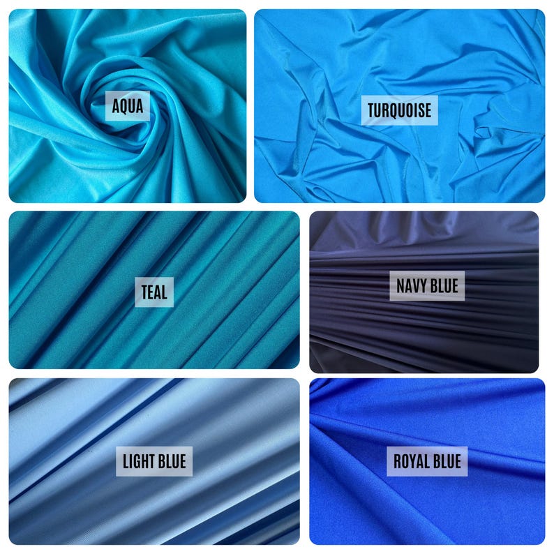 May include: A collection of fabric swatches in various shades of blue. The swatches include aqua, turquoise, teal, navy blue, light blue, and royal blue. Each swatch has a label with its corresponding color name.