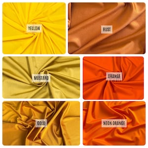 May include: A collage of fabric swatches in various colors. The swatches include yellow, rust, mustard, orange, gold, and neon orange. Each swatch has a label with its corresponding color name.