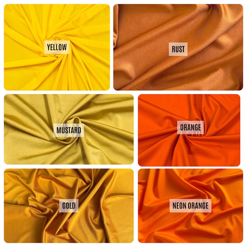 May include: A collage of fabric swatches in various colors. The swatches include yellow, rust, mustard, orange, gold, and neon orange. Each swatch has a label with its corresponding color name.