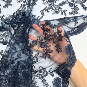 Floral Navy Blue Lace Fabric by the Yard Sequined Embroidered on Navy ...