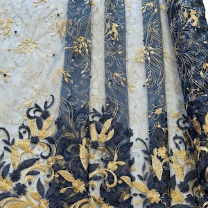 Tela de encaje bordado azul marino/oro, bordado floral en encaje Tela de encaje bordado azul marino encaje azul/oro cortado a medida, encaje africano