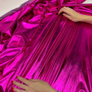Metallic Fuchsia Foil Lame Spandex Fabric by the Yard, 4 Way Stretch Fuchsia Lame Fabric All Over Foil on stretch Knit for Costumes Cosplay