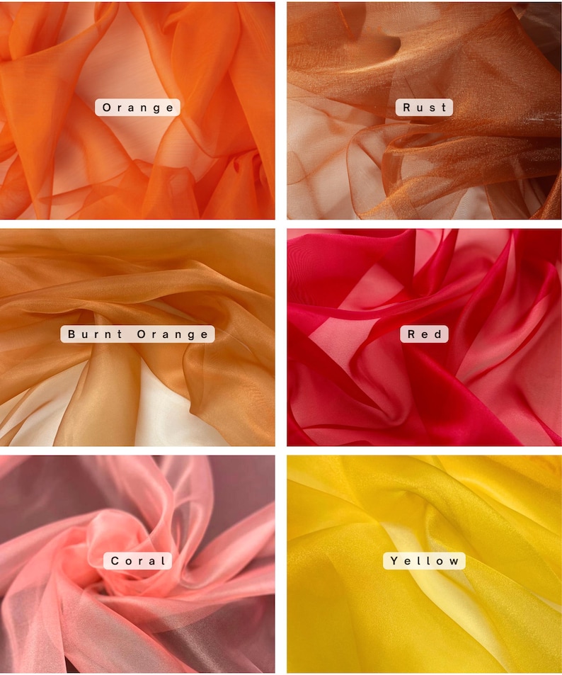 May include: A collection of sheer fabric swatches in various colors. The colors include orange, rust, burnt orange, red, coral, and yellow. Each swatch has a label with its corresponding color name.