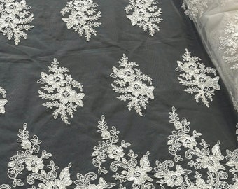 Ivory Embroidered Lace Fabric, Stretchy Floral Ivory Lace Fabric by the Yard, Sequin Tulle Lace for Bridal Gown Wedding Dress Veil