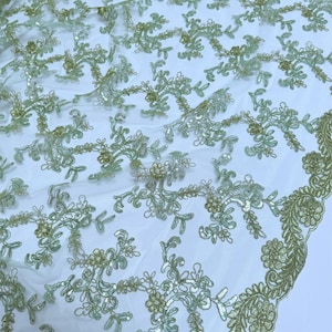 Sage Green Floral Lace by the Yard Embroidered Sage Green Lace Fabric with Sequins, Floral Sage Lace Fabric Embroidery with Sequins on Mesh
