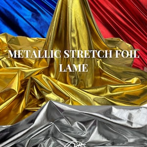 Metallic Foil Lame Spandex Fabric by the Yard, 4 Way Stretch Metallic Lame Fabric, All Over Foil on stretch Knit for Costumes, Dance Wear