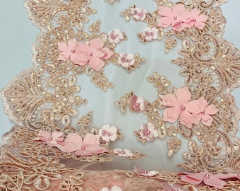 Blush Pink Beaded Lace Table Runner with Pearls and Sequins, 3D Embroideries on Lace Fabric, Trim Lace 13" Wide Embroidered Runner | Tuscany