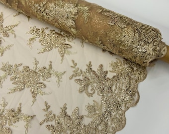 Champagne Floral Lace by the Yard, Embroidered Champagne Lace Fabric with Sequins Gold Floral Bridal Lace for Wedding Dress Applique | Fleur