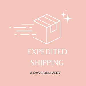 May include: White line drawing of a box with a line representing tape on the top. The box is moving to the right with a white line trail behind it. There are two white stars above the box. The text below the box reads "EXPEDITED SHIPPING 2 DAYS DELIVERY".