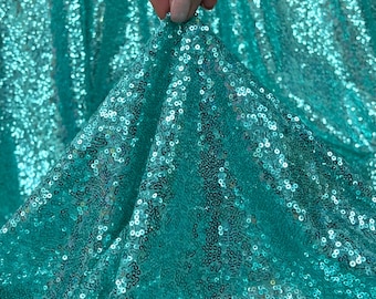 Mint Sequin Fabric by the Yard, Glitz Stretch Mint Sequins Fabric, Iridescent Sequins on Mesh, Aqua Green Sequin Fabric by the Yard