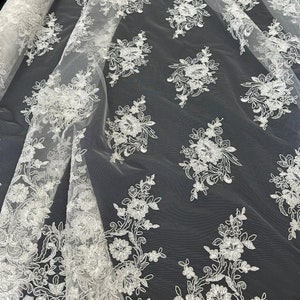 Off White Embroidered Lace Fabric, Stretchy Floral Ivory Lace Fabric by the Yard, Sequin Tulle Lace for Bridal Gown Wedding Dress Veil
