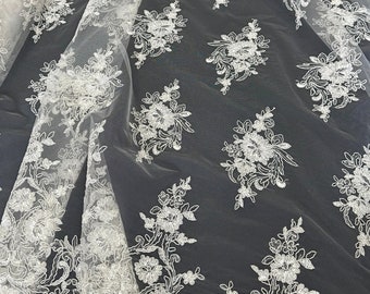 Off White Embroidered Lace Fabric, Stretchy Floral Ivory Lace Fabric by the Yard, Sequin Tulle Lace for Bridal Gown Wedding Dress Veil