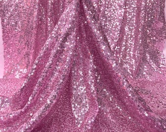 Iridescent Sequins on Mesh, Pink Sequin Fabric by the Yard, Baby Pink Sequins on Stretch Mesh, Baby Pink Shinny Sequin Fabric