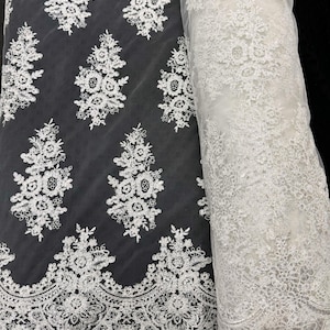 Ivory Floral Lace by the Yard, Embroidered Ivory Lace Fabric with Sequins, Floral Tulle OFF White Lace for Bridal Gown Wedding Dress Veil