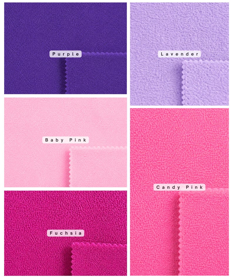 May include: A collection of fleece fabric swatches in six distinct colors, each featuring a textured surface and pinked edges. The colors are labeled as Purple, Lavender, Baby Pink, Candy Pink, and Fuchsia, with one swatch remaining unlabeled.